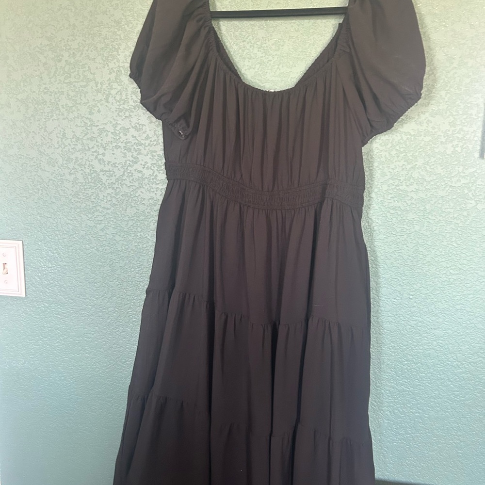 ARULA Black Long Ruched Sundress with Puff Sleeves